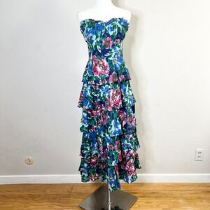Lulus Blue Floral Tiered Strapless Ruffle Midi Dress Nayha Lace Up Size XL NWT